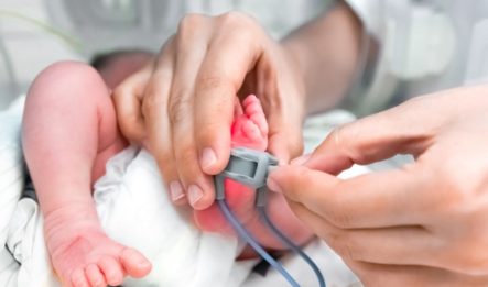 doctor performing fetal heart monitoring on a baby post high-risk pregnancy
